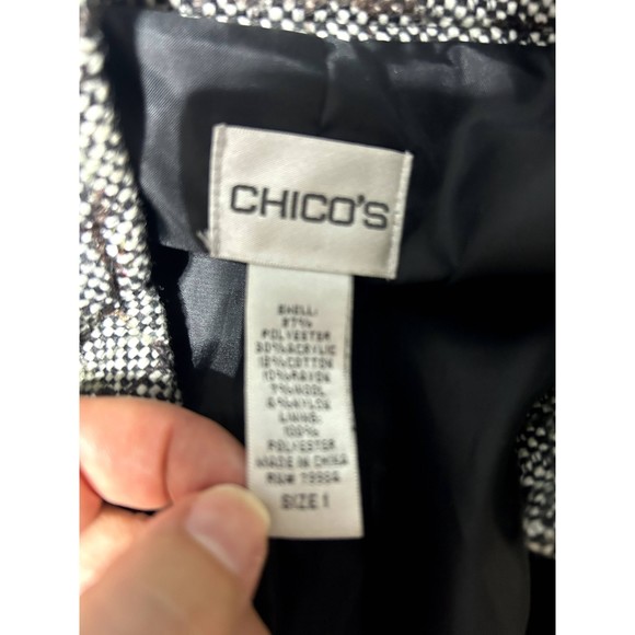 Sophisticated Chico's Blazer Jacket Size 1 Black, Brown, and White Tweed - Picture 4 of 4
